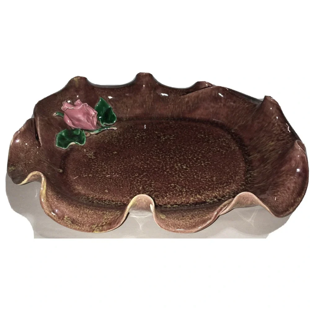 Vintage HAND THROWN POTTERY BOWL DISH APPLIED 3- D PINK ROSES
